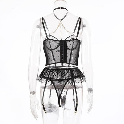 Lace Polka Dot Ruffle Bustier Bra Set Back View