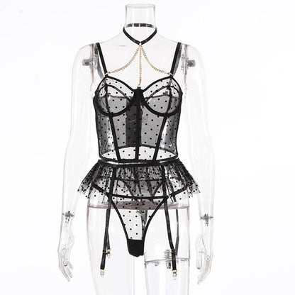 Lace Polka Dot Ruffle Bustier Bra Set Front View