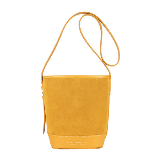 RB1031AR | BRENDA Women's Bucket Bag in Genuine Leather Made in Italy. Polished Gold Metal Accessories - Mustard Color - Dimensions: 25 x 23.5 x 17 cm-0