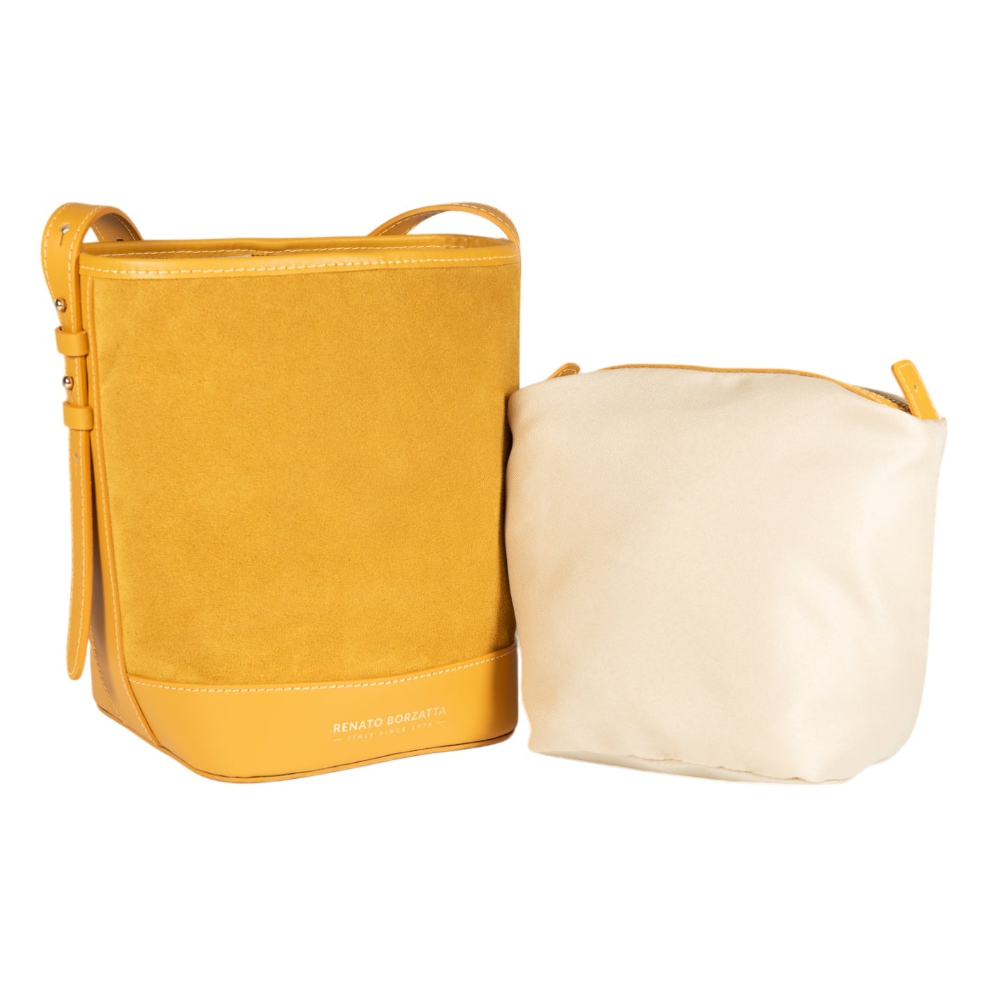 RB1031AR | BRENDA Women's Bucket Bag in Genuine Leather Made in Italy. Polished Gold Metal Accessories - Mustard Color - Dimensions: 25 x 23.5 x 17 cm-1
