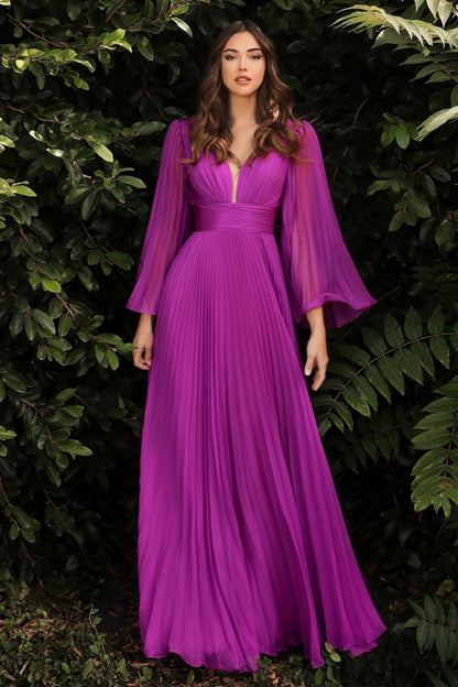 Pleated Chiffon Long Sleeve Gown-3