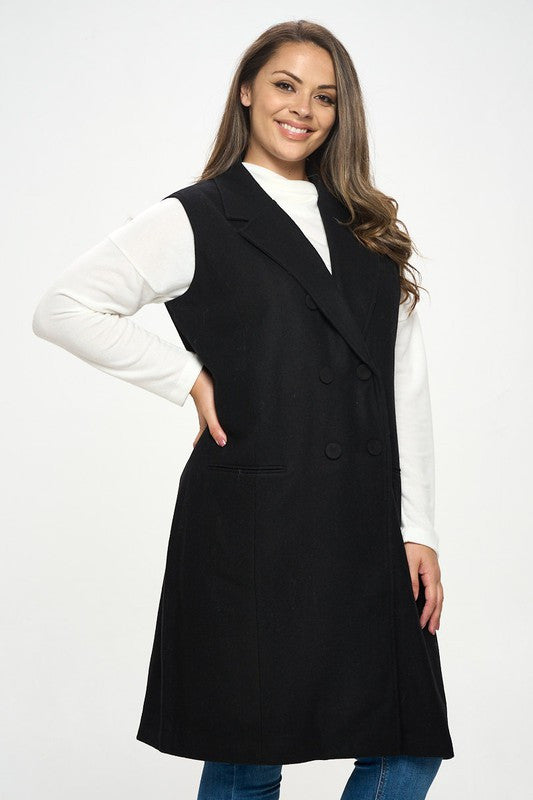 Double Breast Detail Sleeveless Coat with Collar-0