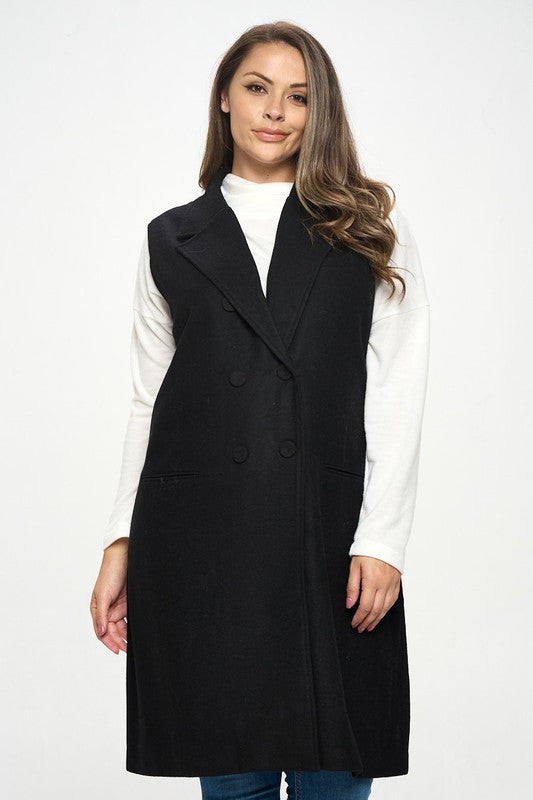 Double Breast Detail Sleeveless Coat with Collar-1