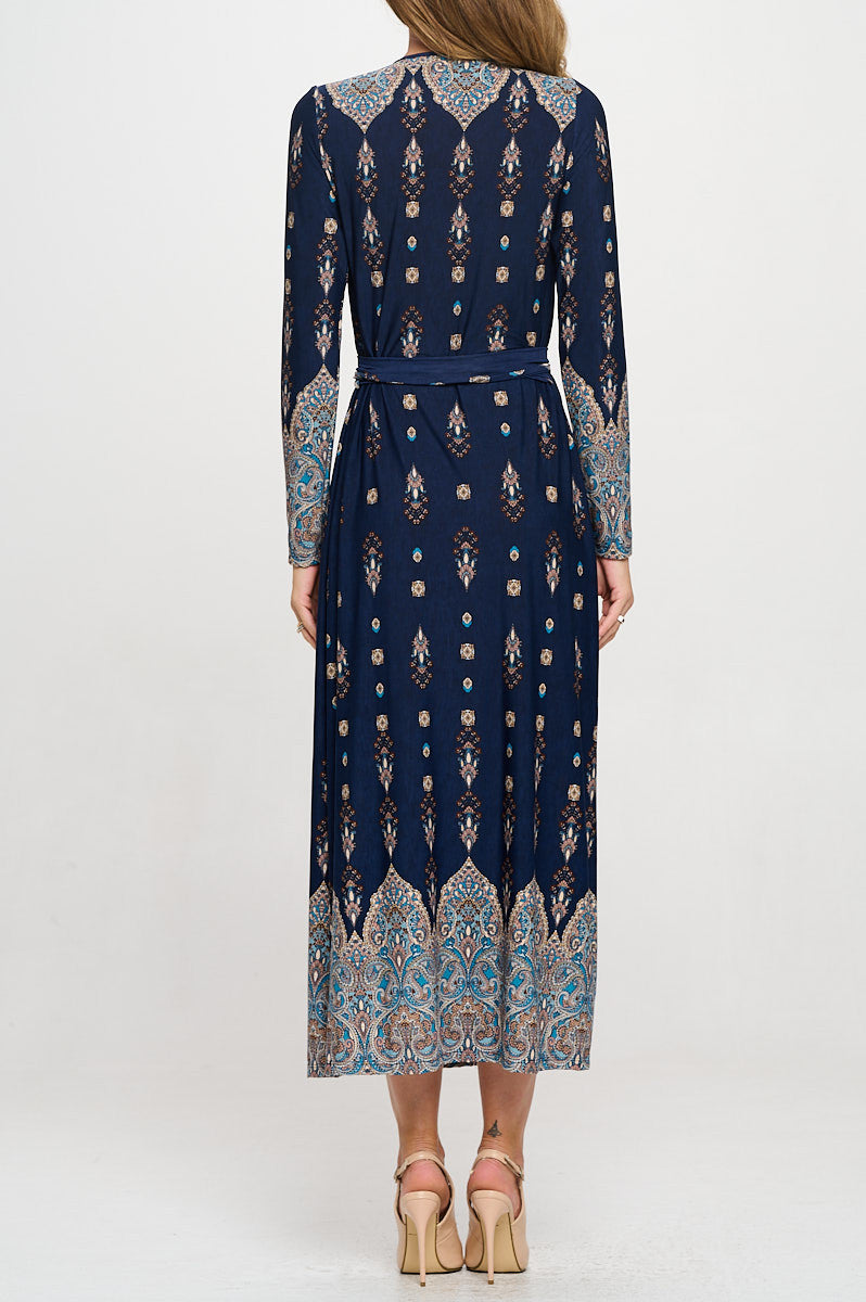 Brushed Knit Print V neck Jersey Wrap Maxi Dress with Tie-3