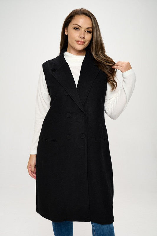 Double Breast Detail Sleeveless Coat with Collar-2