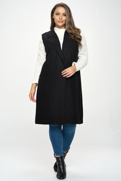 Double Breast Detail Sleeveless Coat with Collar-4