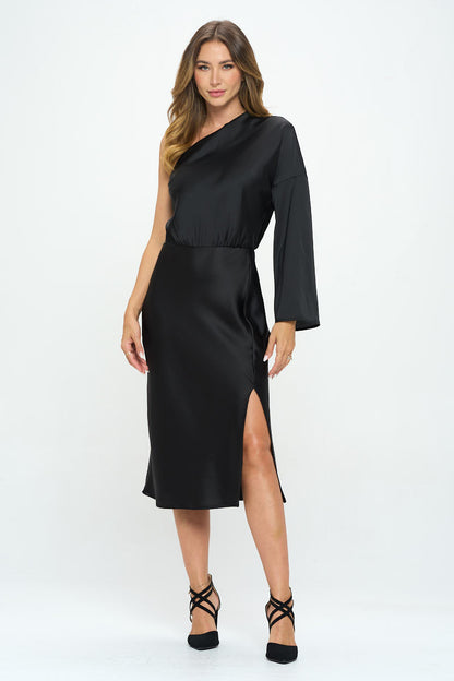 Stretch Satin One Shoulder Long Sleeve Dress-3