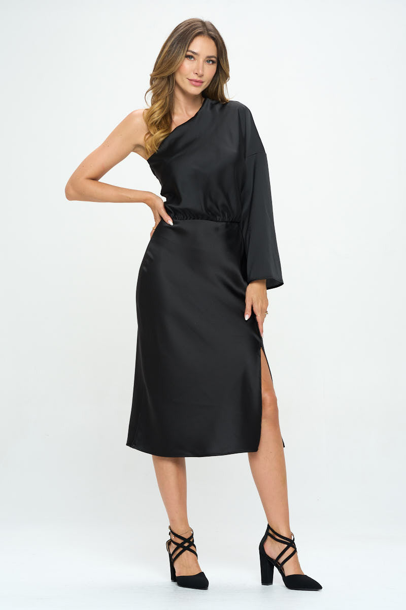Stretch Satin One Shoulder Long Sleeve Dress-1