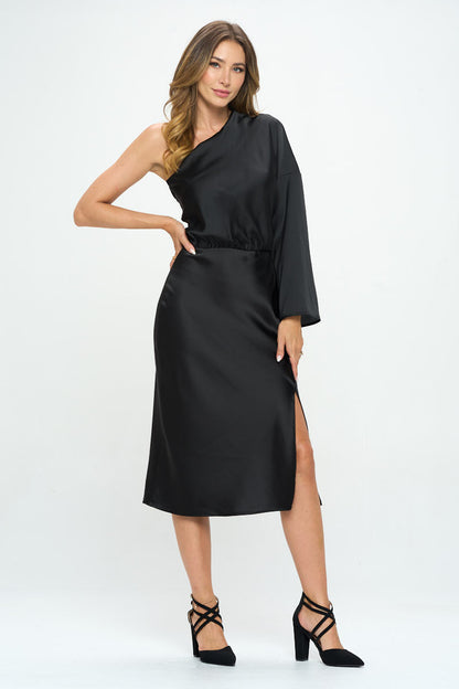 Stretch Satin One Shoulder Long Sleeve Dress-1