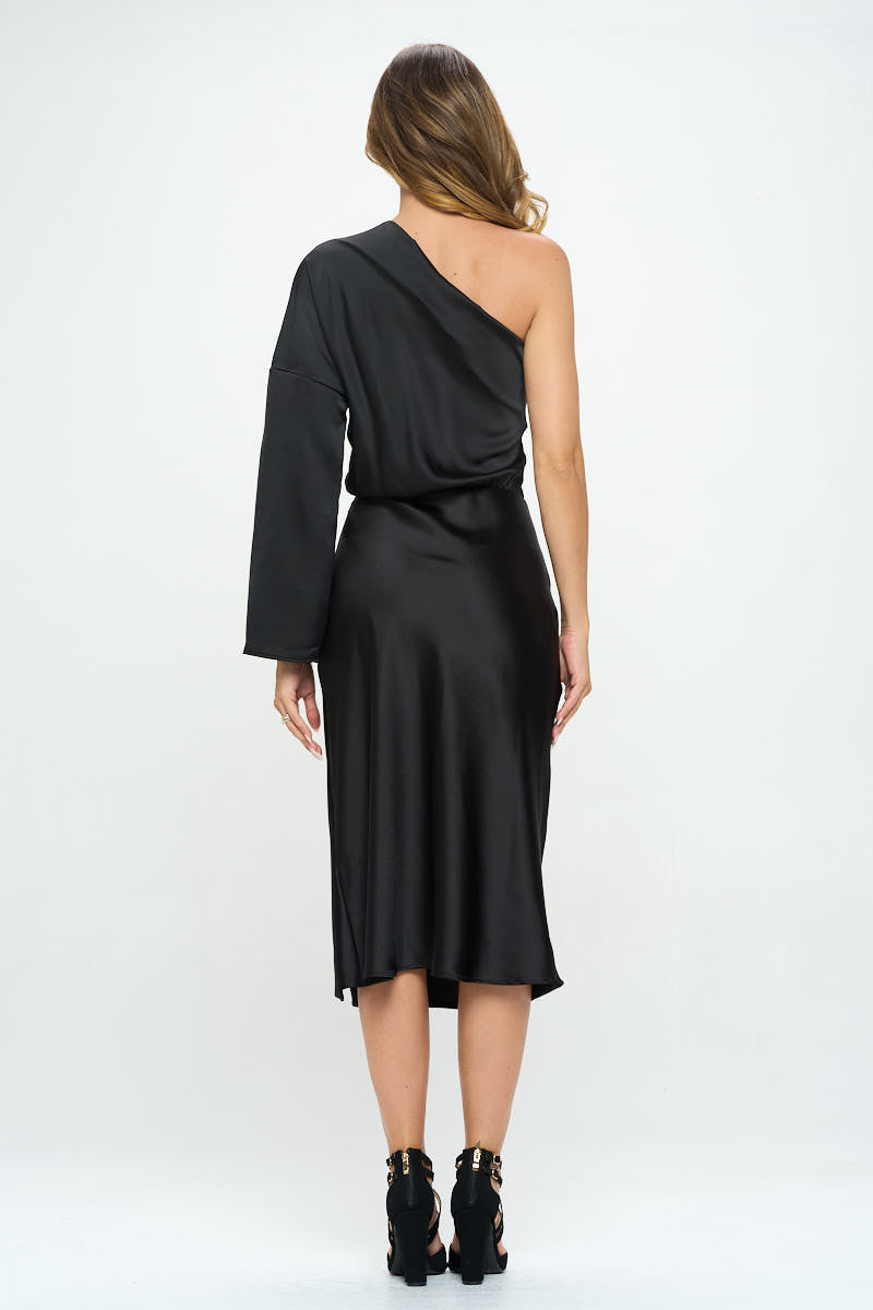 Stretch Satin One Shoulder Long Sleeve Dress-4