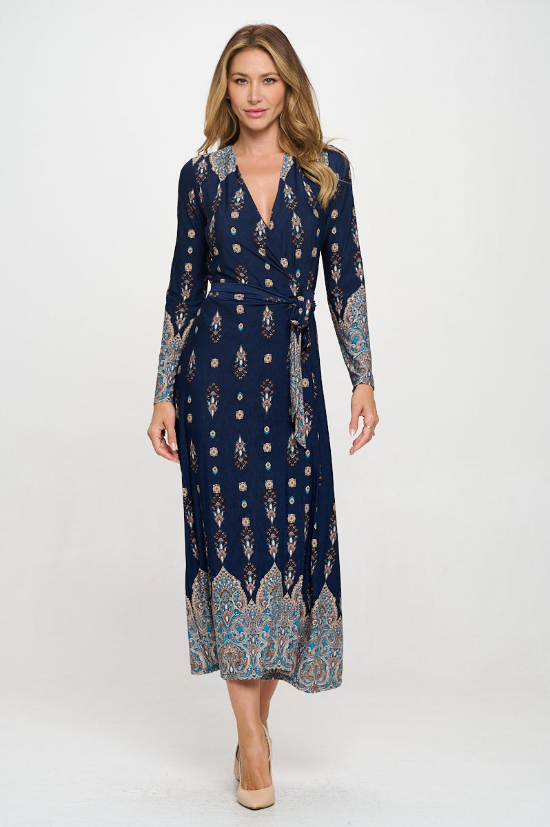 Brushed Knit Print V neck Jersey Wrap Maxi Dress with Tie-4