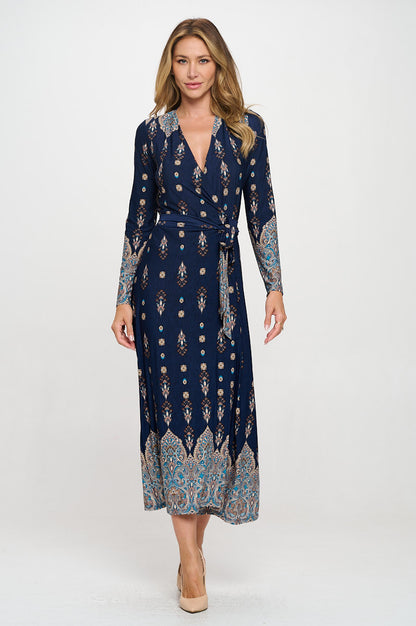 Brushed Knit Print V neck Jersey Wrap Maxi Dress with Tie-4