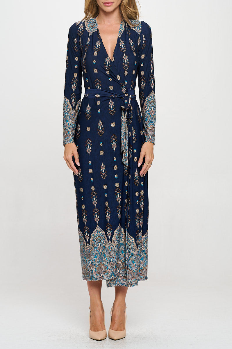 Brushed Knit Print V neck Jersey Wrap Maxi Dress with Tie-1