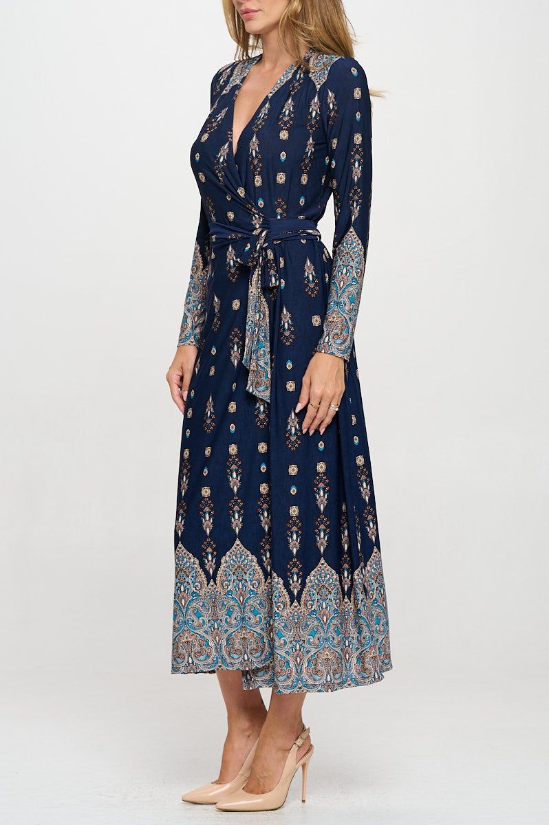 Brushed Knit Print V neck Jersey Wrap Maxi Dress with Tie-2