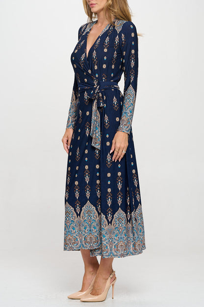 Brushed Knit Print V neck Jersey Wrap Maxi Dress with Tie-2